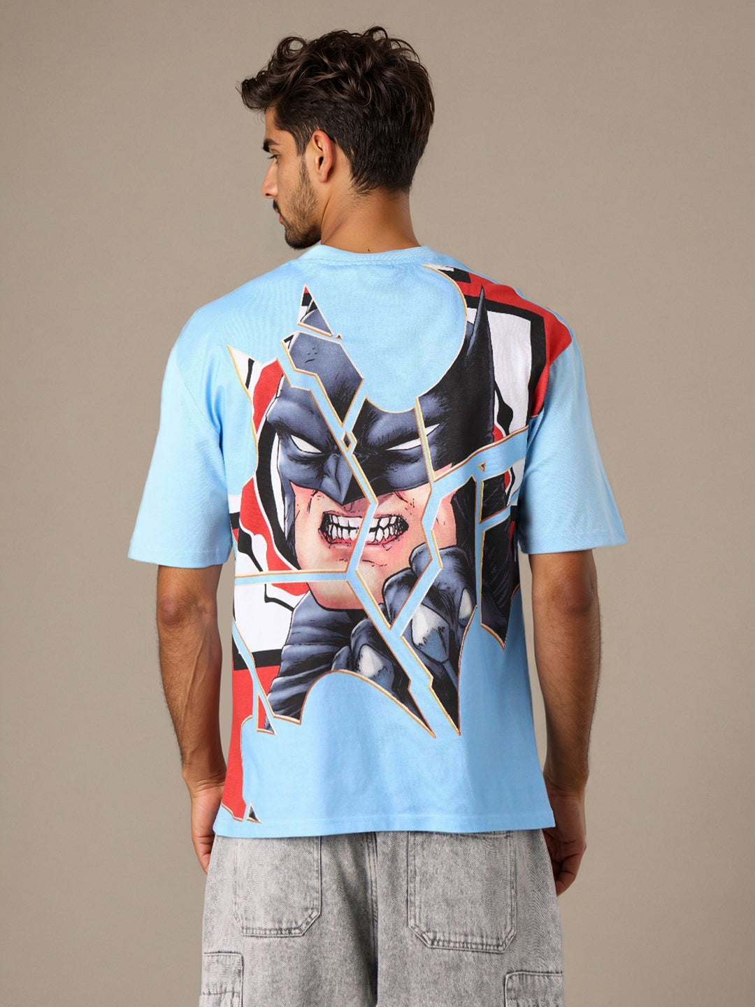 Men's Blue Boxy Fit Batman Character Back Print T-Shirt