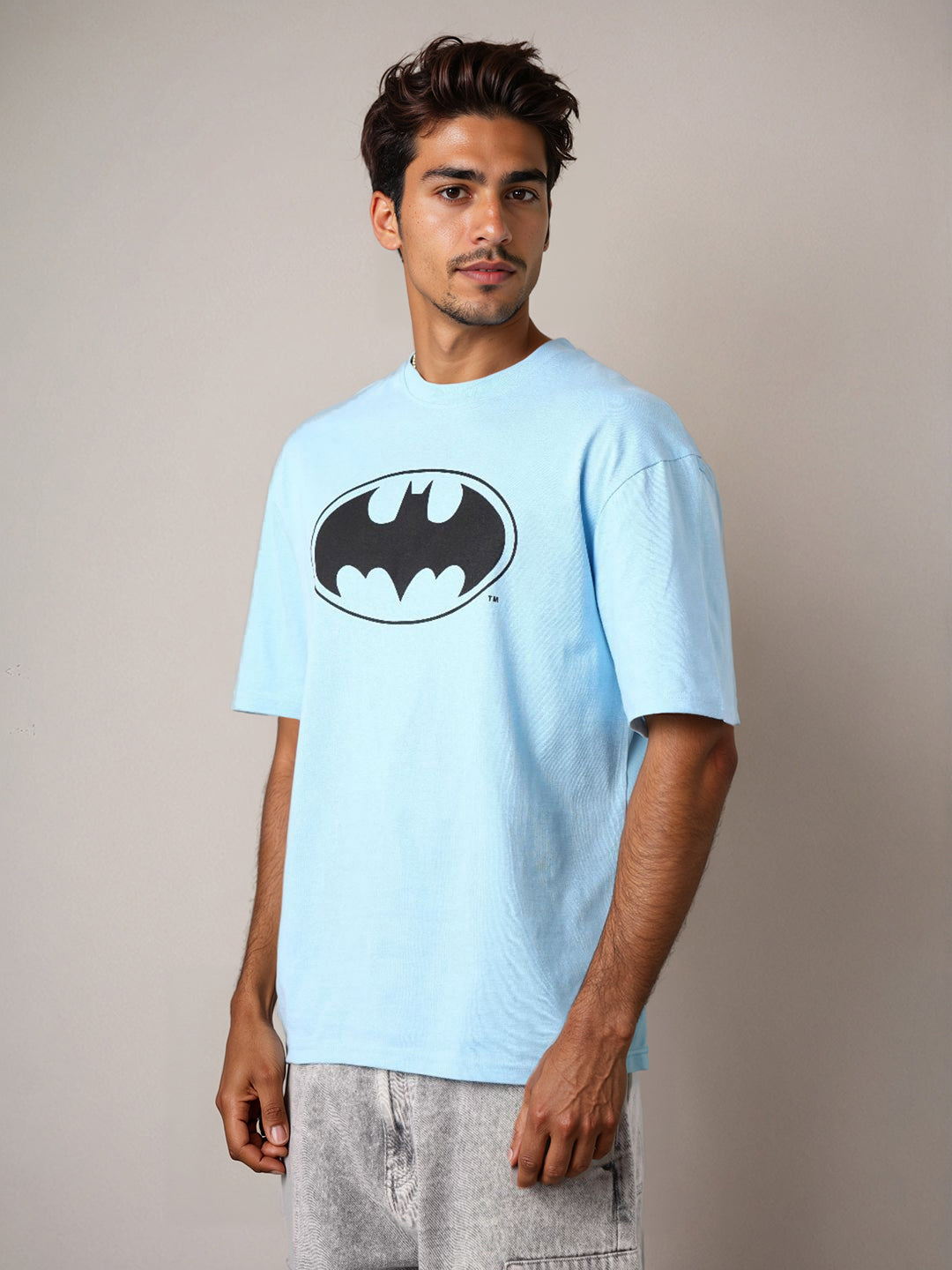 Men's Blue Boxy Fit Batman Character Back Print T-Shirt