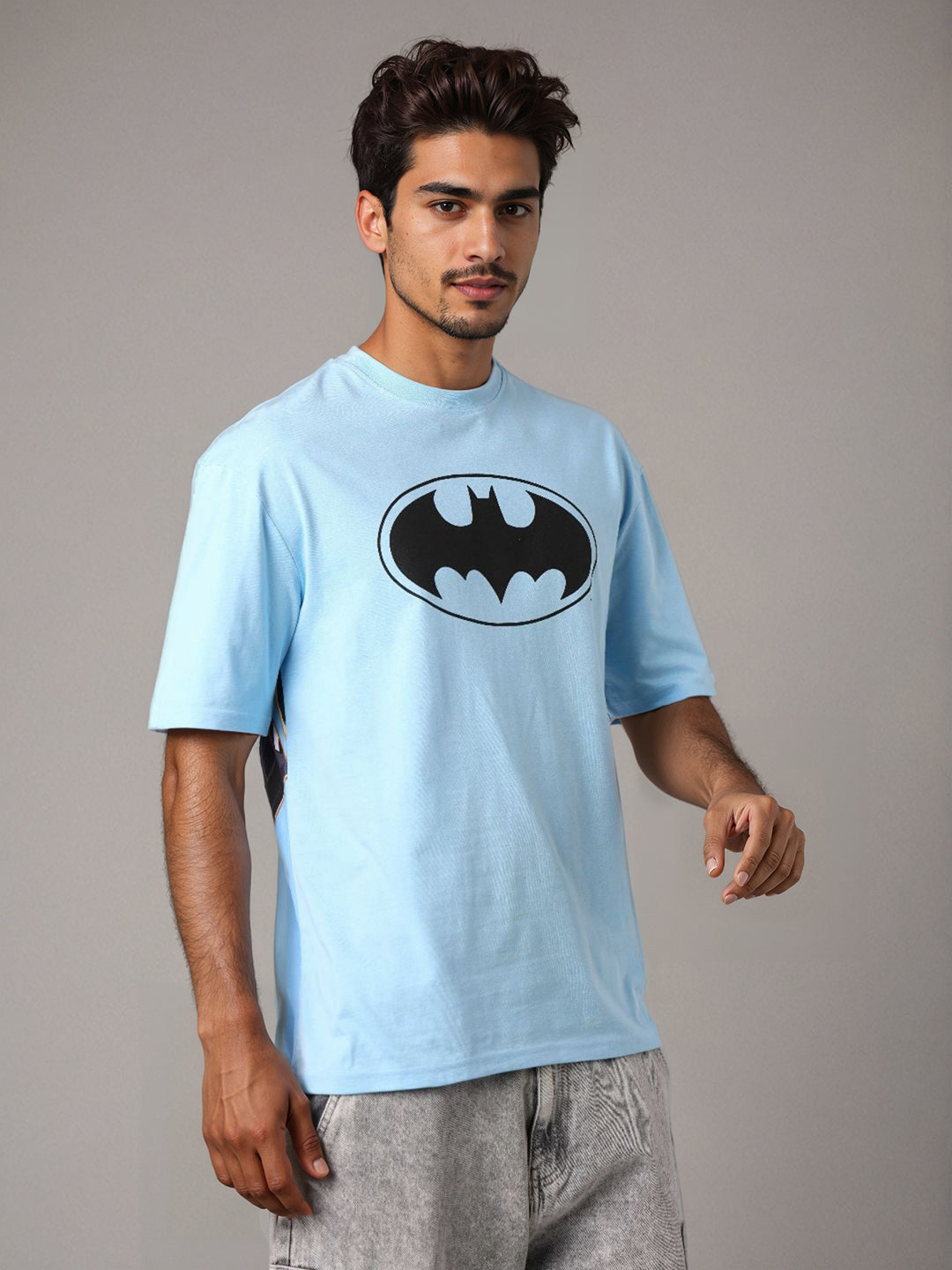 Men's Blue Boxy Fit Batman Character Back Print T-Shirt