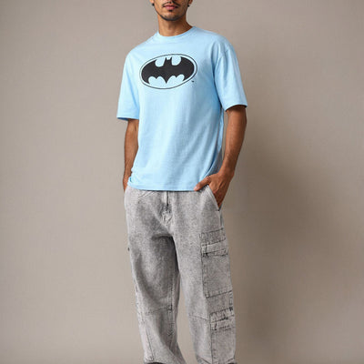 Men's Blue Boxy Fit Batman Character Back Print T-Shirt