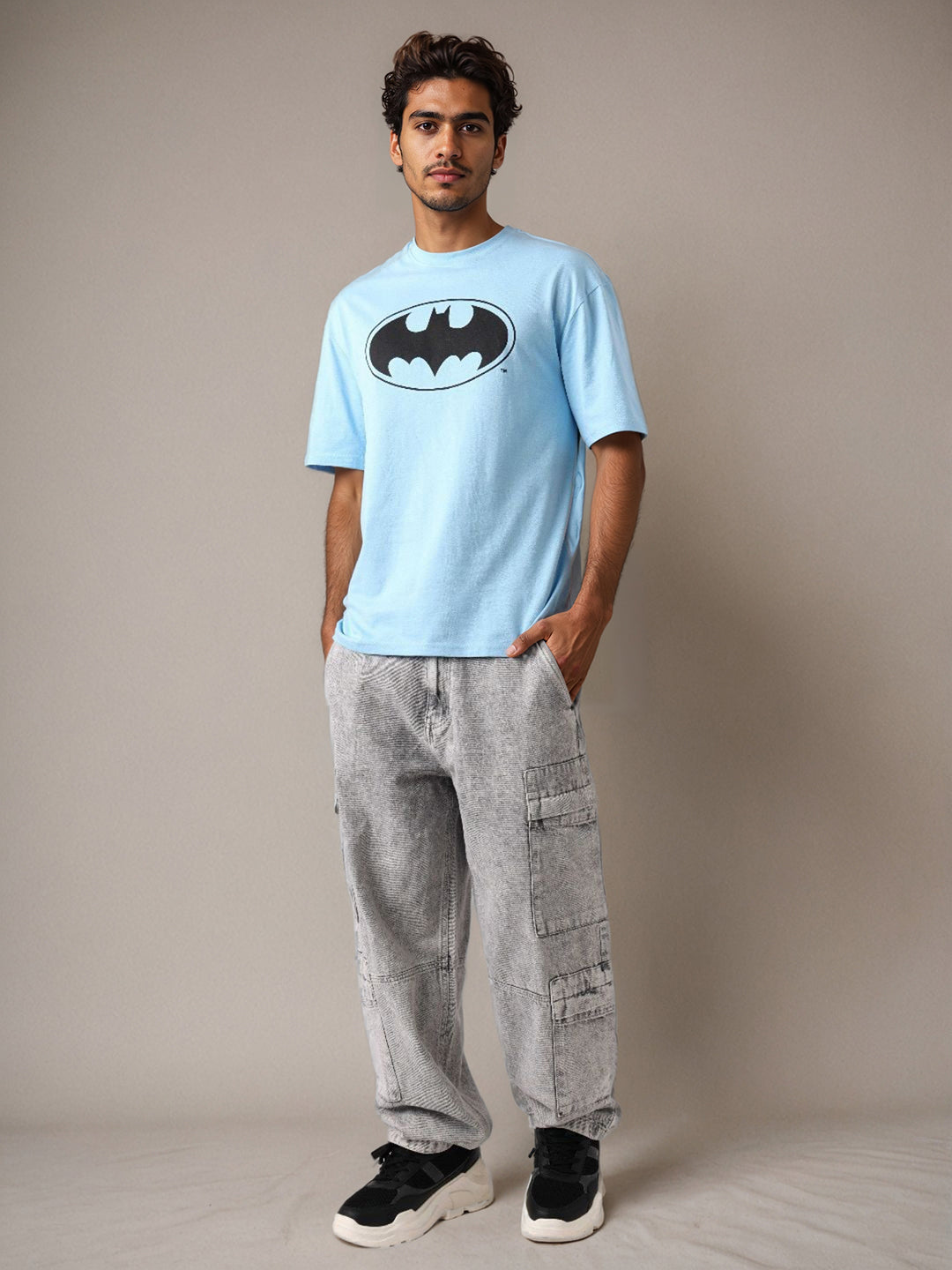 Men's Blue Boxy Fit Batman Character Back Print T-Shirt