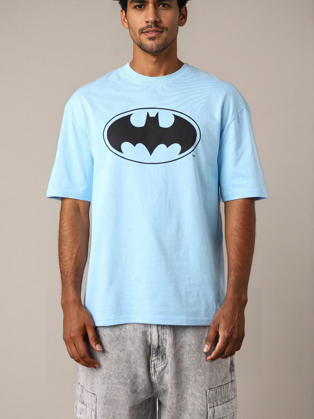 Men's Blue Boxy Fit Batman Character Back Print T-Shirt