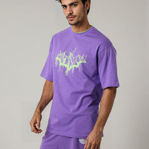 Men's Purple Boxy Fit Batman Character Back Print T-Shirt
