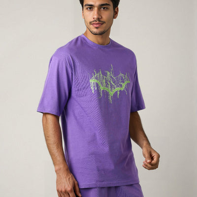 Men's Purple Boxy Fit Batman Character Back Print T-Shirt