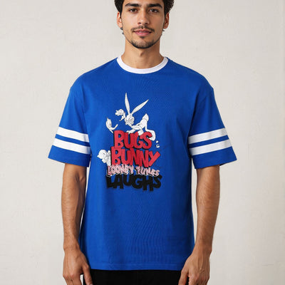 Men's Blue Boxy Fit Character Print Crew Neck T-shirt