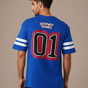 Men's Blue Boxy Fit Character Print Crew Neck T-shirt