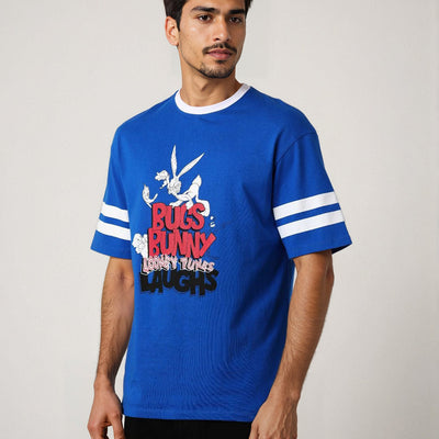 Men's Blue Boxy Fit Character Print Crew Neck T-shirt