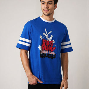 Men's Blue Boxy Fit Character Print Crew Neck T-shirt