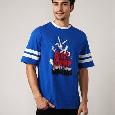 Men's Blue Boxy Fit Character Print Crew Neck T-shirt