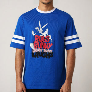Men's Blue Boxy Fit Character Print Crew Neck T-shirt