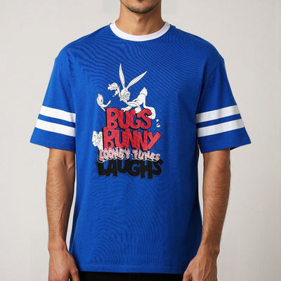Men's Blue Boxy Fit Character Print Crew Neck T-shirt