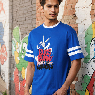Men's Blue Boxy Fit Character Print Crew Neck T-shirt