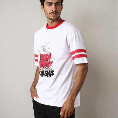 Men's White Boxy Fit Character Print Crew Neck T-shirt