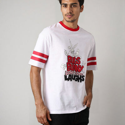 Men's White Boxy Fit Character Print Crew Neck T-shirt