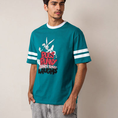 Men's Green Boxy Fit Character Print Crew Neck T-shirt