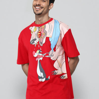 Men's Boxy Fit Looney Tunes Back Print T-Shirt
