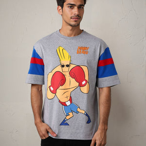 Men's Grey Boxy Fit Johnny Bravo Character Print T-Shirt
