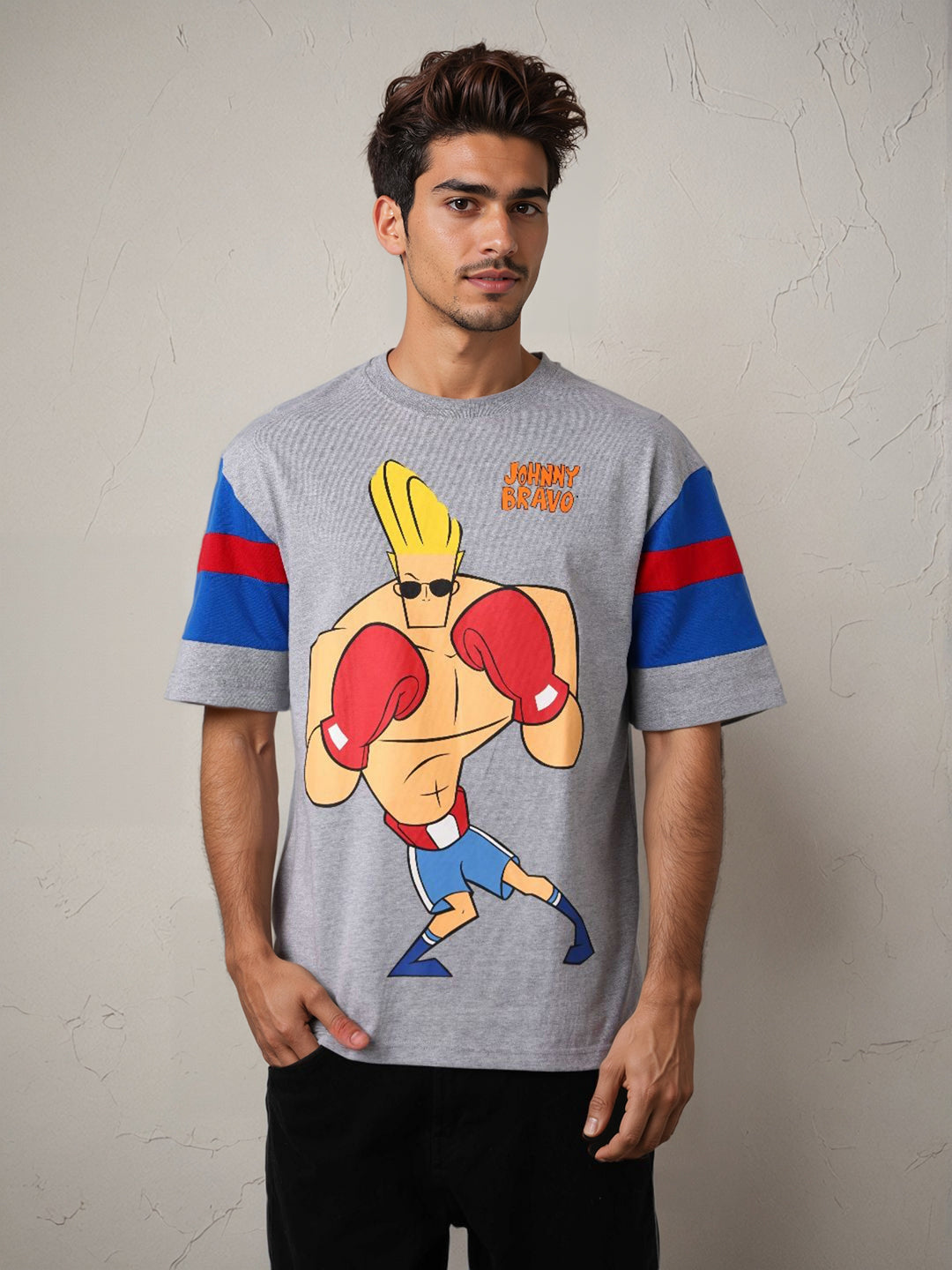 Men's Grey Boxy Fit Johnny Bravo Character Print T-Shirt
