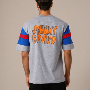 Men's Grey Boxy Fit Johnny Bravo Character Print T-Shirt