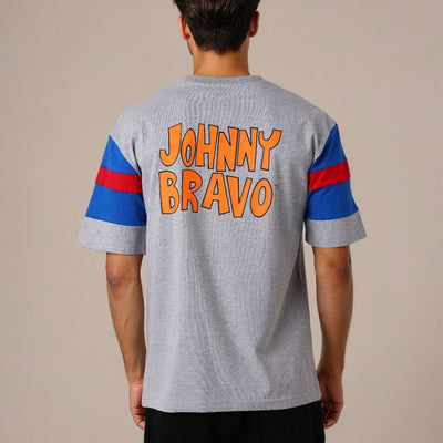 Men's Grey Boxy Fit Johnny Bravo Character Print T-Shirt