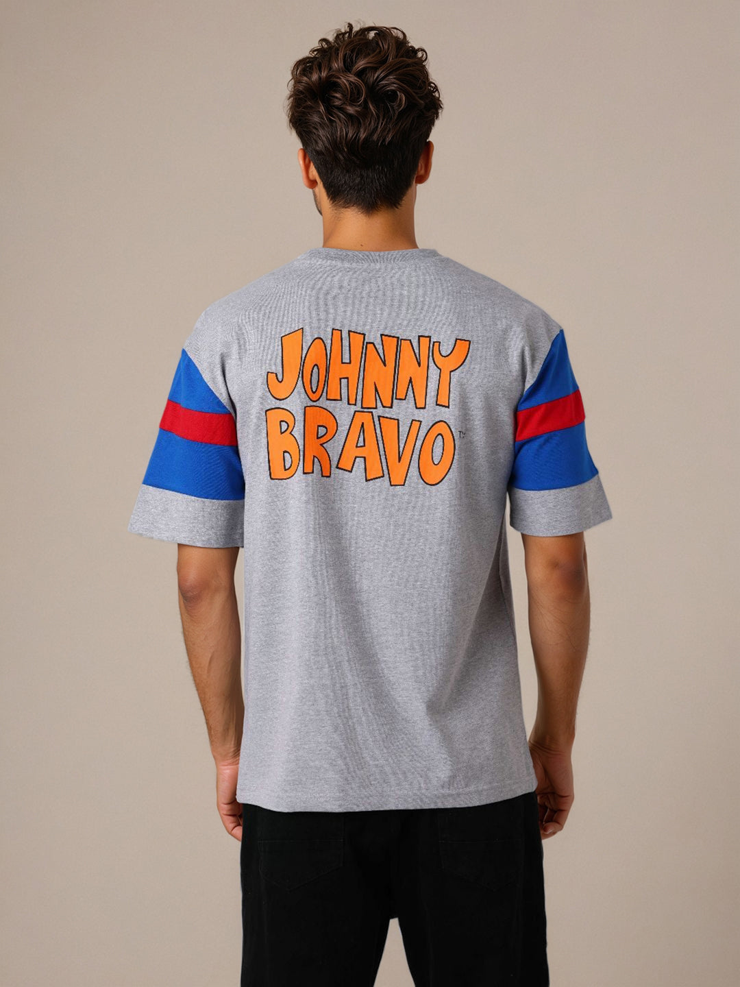 Men's Grey Boxy Fit Johnny Bravo Character Print T-Shirt