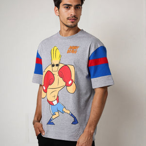 Men's Grey Boxy Fit Johnny Bravo Character Print T-Shirt