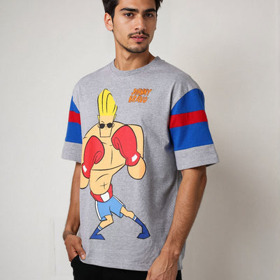 Men's Grey Boxy Fit Johnny Bravo Character Print T-Shirt