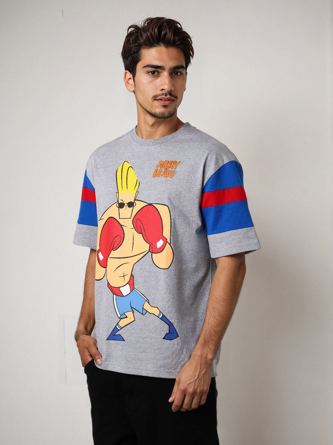 Men's Grey Boxy Fit Johnny Bravo Character Print T-Shirt