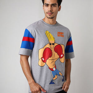 Men's Grey Boxy Fit Johnny Bravo Character Print T-Shirt