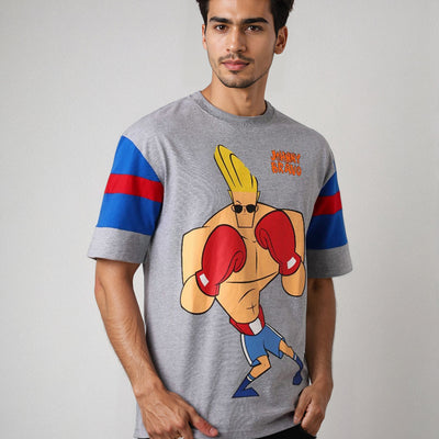 Men's Grey Boxy Fit Johnny Bravo Character Print T-Shirt