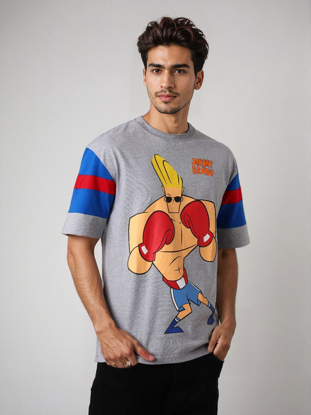 Men's Grey Boxy Fit Johnny Bravo Character Print T-Shirt