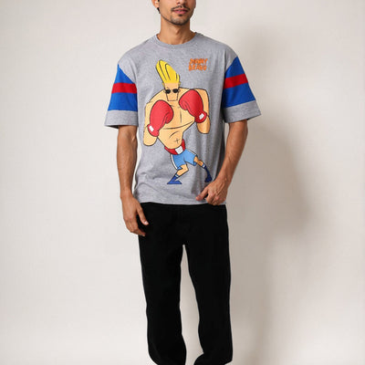 Men's Grey Boxy Fit Johnny Bravo Character Print T-Shirt