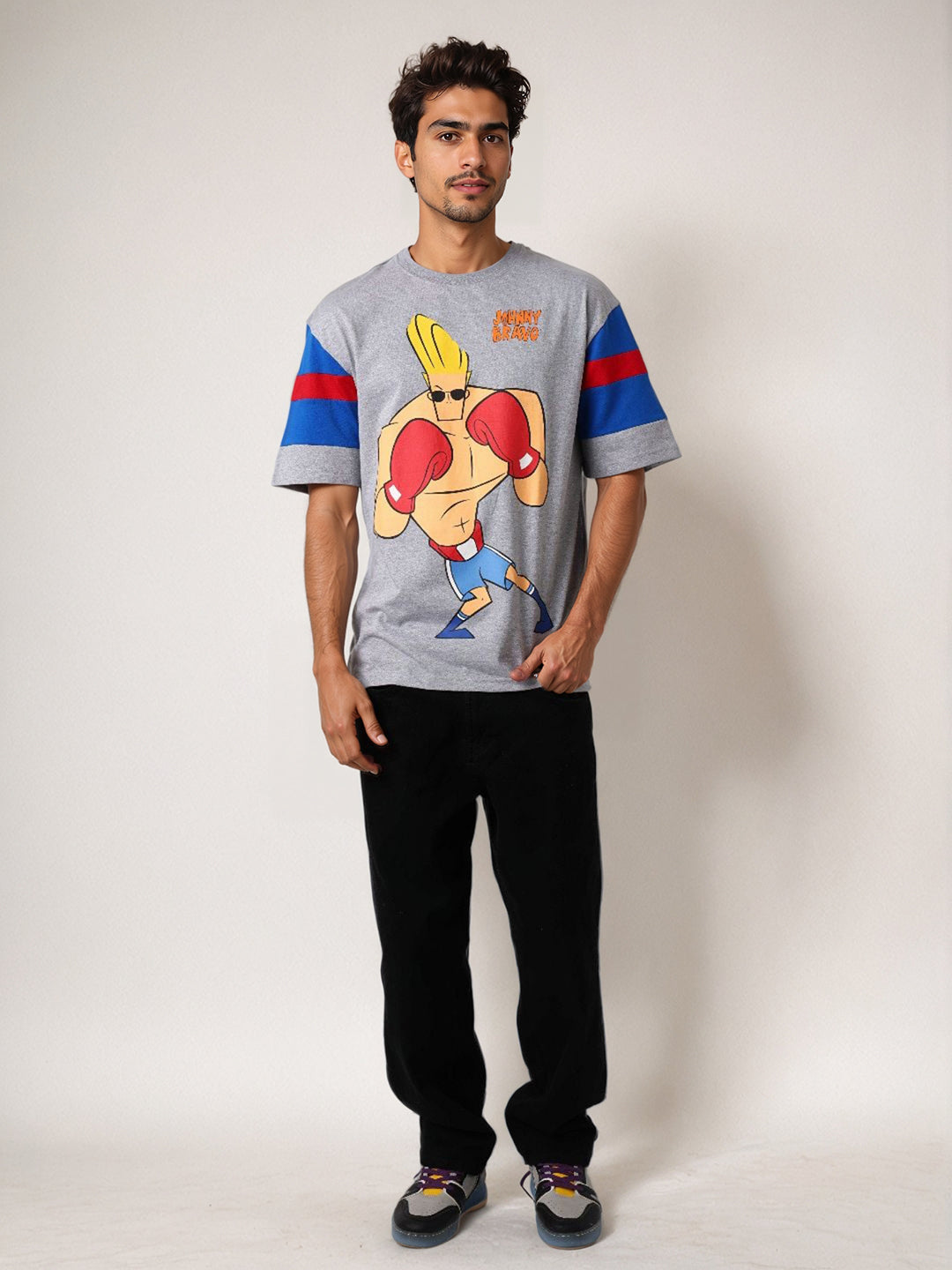 Men's Grey Boxy Fit Johnny Bravo Character Print T-Shirt