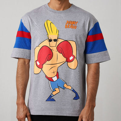 Men's Grey Boxy Fit Johnny Bravo Character Print T-Shirt