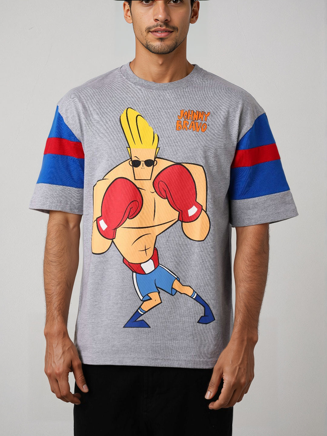 Men's Grey Boxy Fit Johnny Bravo Character Print T-Shirt