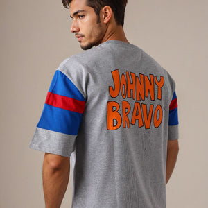 Men's Grey Boxy Fit Johnny Bravo Character Print T-Shirt