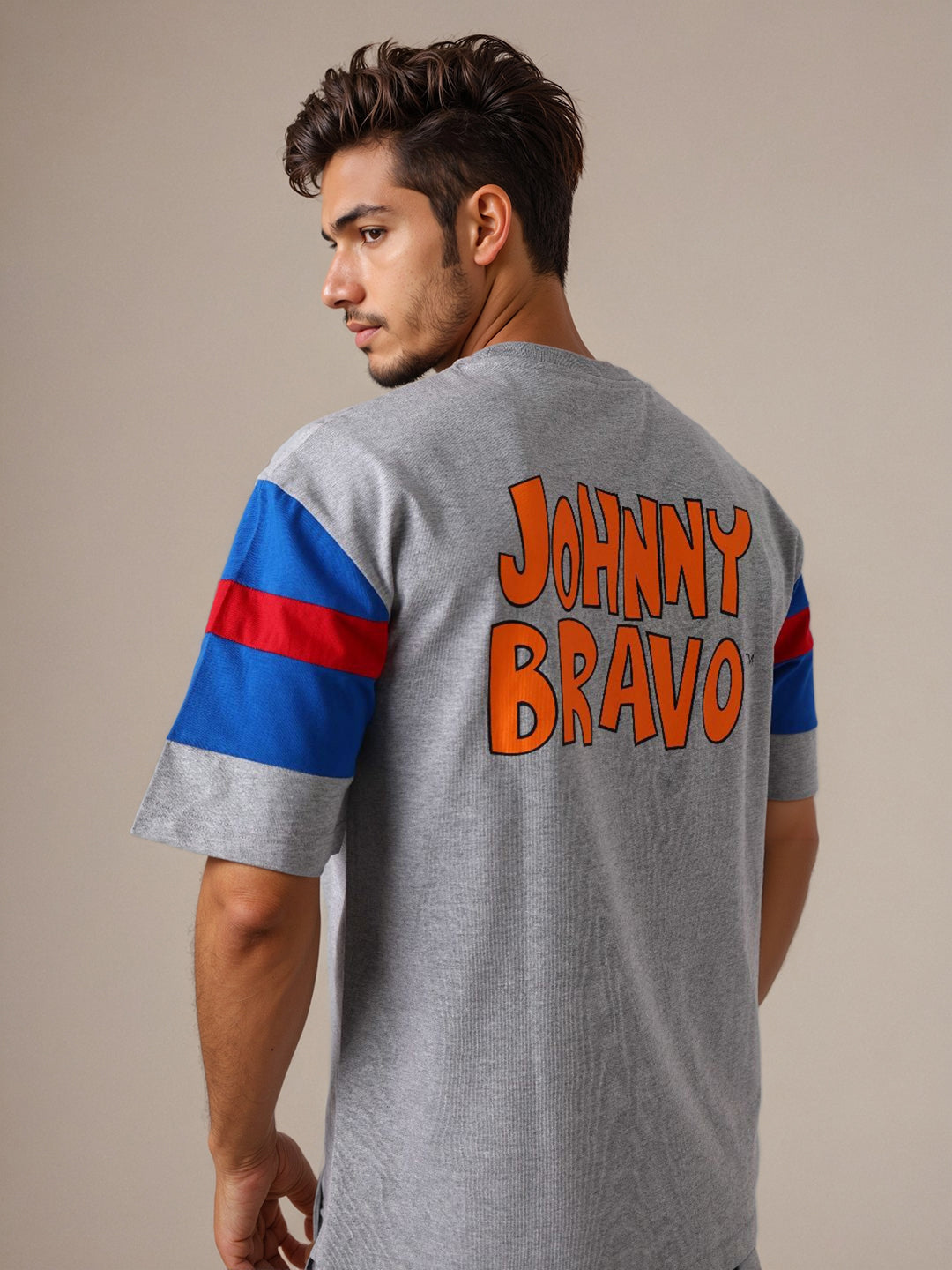 Men's Grey Boxy Fit Johnny Bravo Character Print T-Shirt