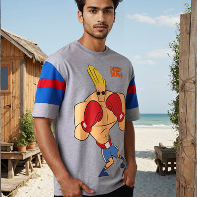 Men's Grey Boxy Fit Johnny Bravo Character Print T-Shirt