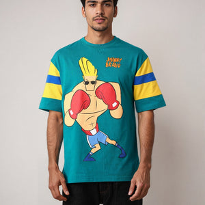 Men's Green Boxy Fit Johnny Bravo Character Print T-Shirt