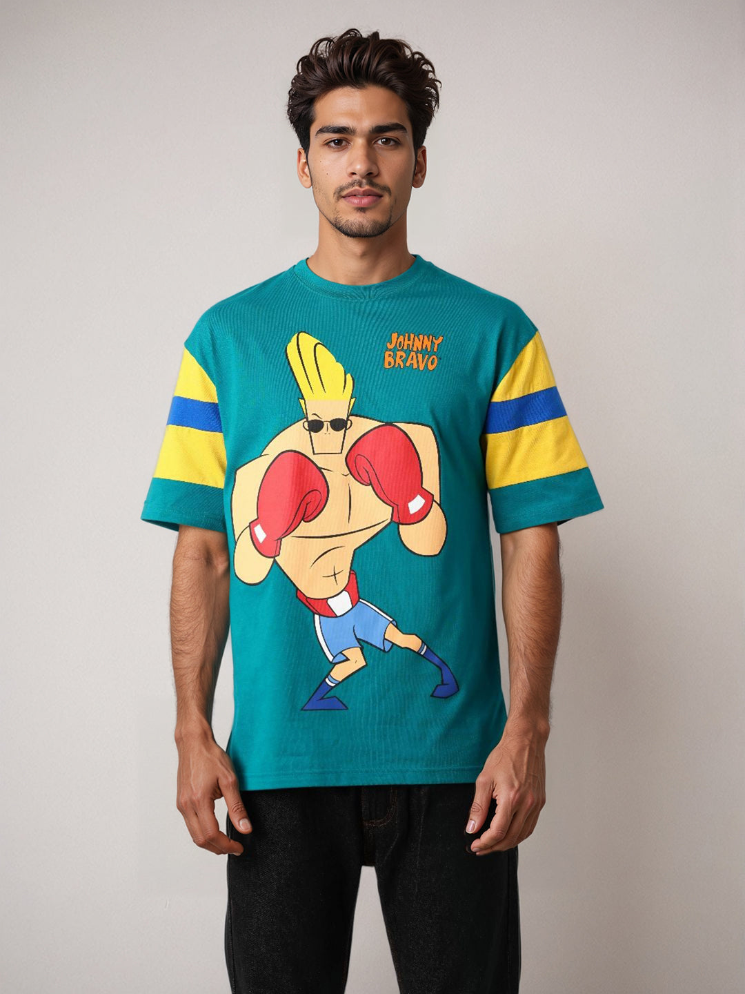 Men's Green Boxy Fit Johnny Bravo Character Print T-Shirt