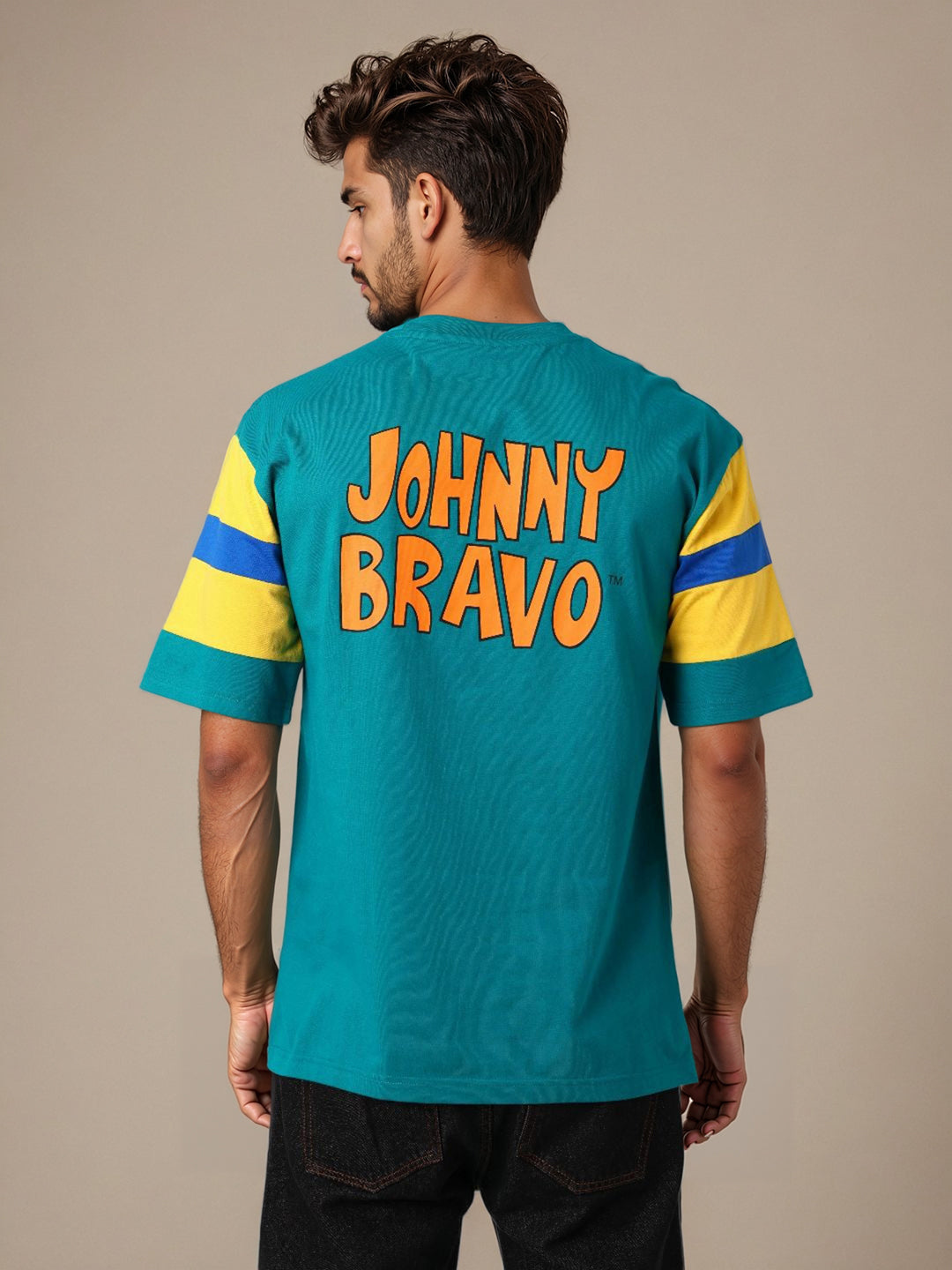 Men's Green Boxy Fit Johnny Bravo Character Print T-Shirt