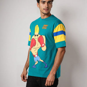 Men's Green Boxy Fit Johnny Bravo Character Print T-Shirt
