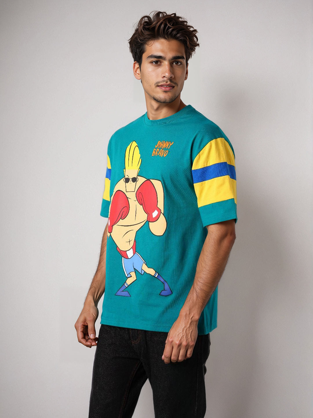 Men's Green Boxy Fit Johnny Bravo Character Print T-Shirt
