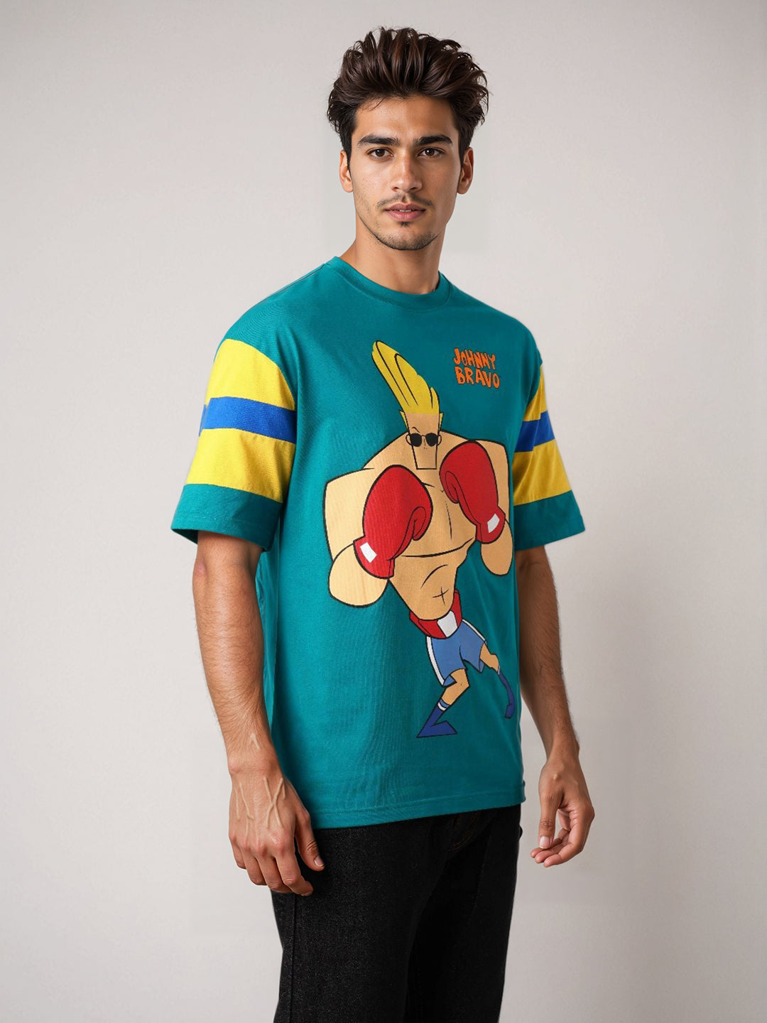 Men's Green Boxy Fit Johnny Bravo Character Print T-Shirt