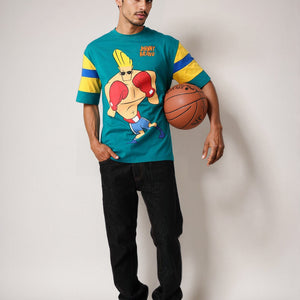 Men's Green Boxy Fit Johnny Bravo Character Print T-Shirt