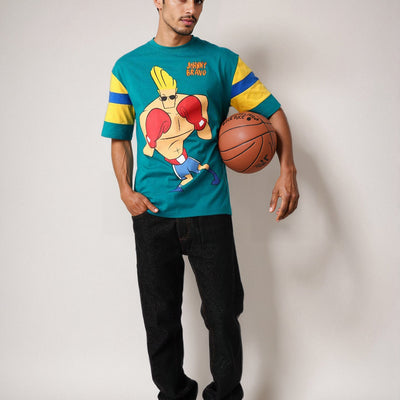 Men's Green Boxy Fit Johnny Bravo Character Print T-Shirt