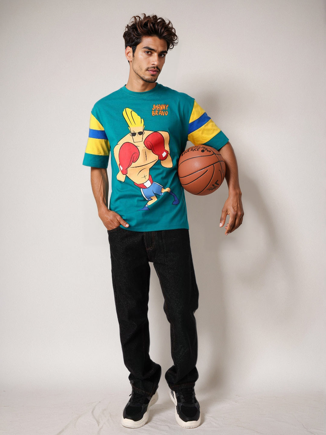 Men's Green Boxy Fit Johnny Bravo Character Print T-Shirt