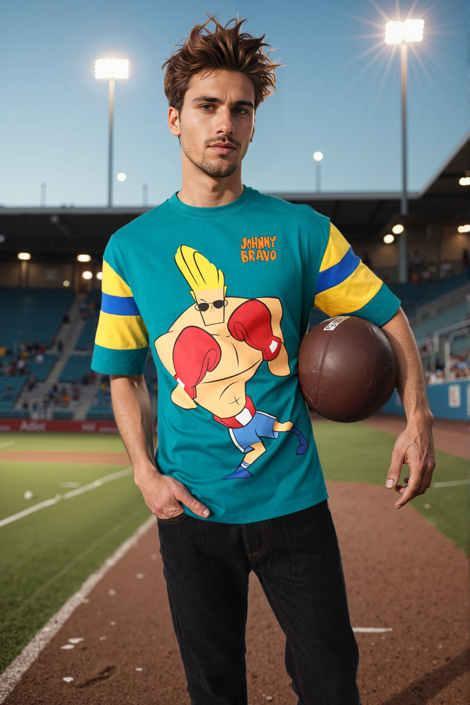 Men's Green Boxy Fit Johnny Bravo Character Print T-Shirt