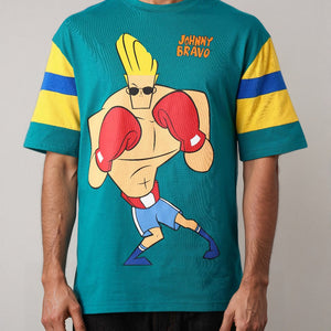 Men's Green Boxy Fit Johnny Bravo Character Print T-Shirt
