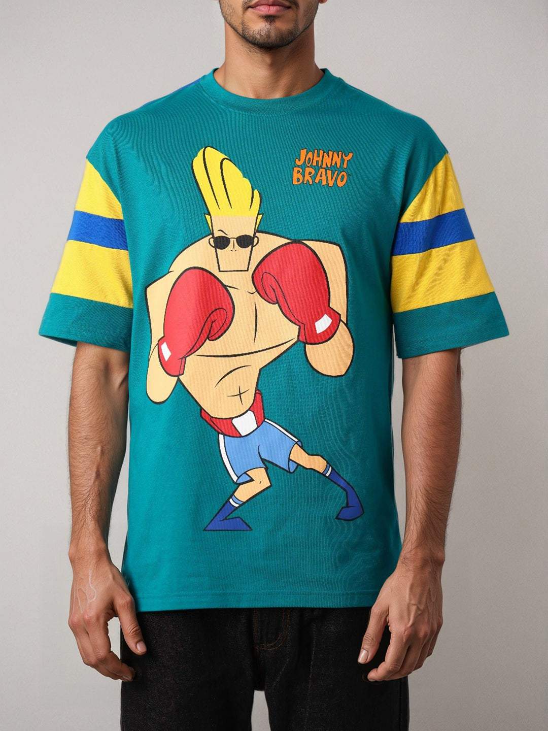 Men's Green Boxy Fit Johnny Bravo Character Print T-Shirt